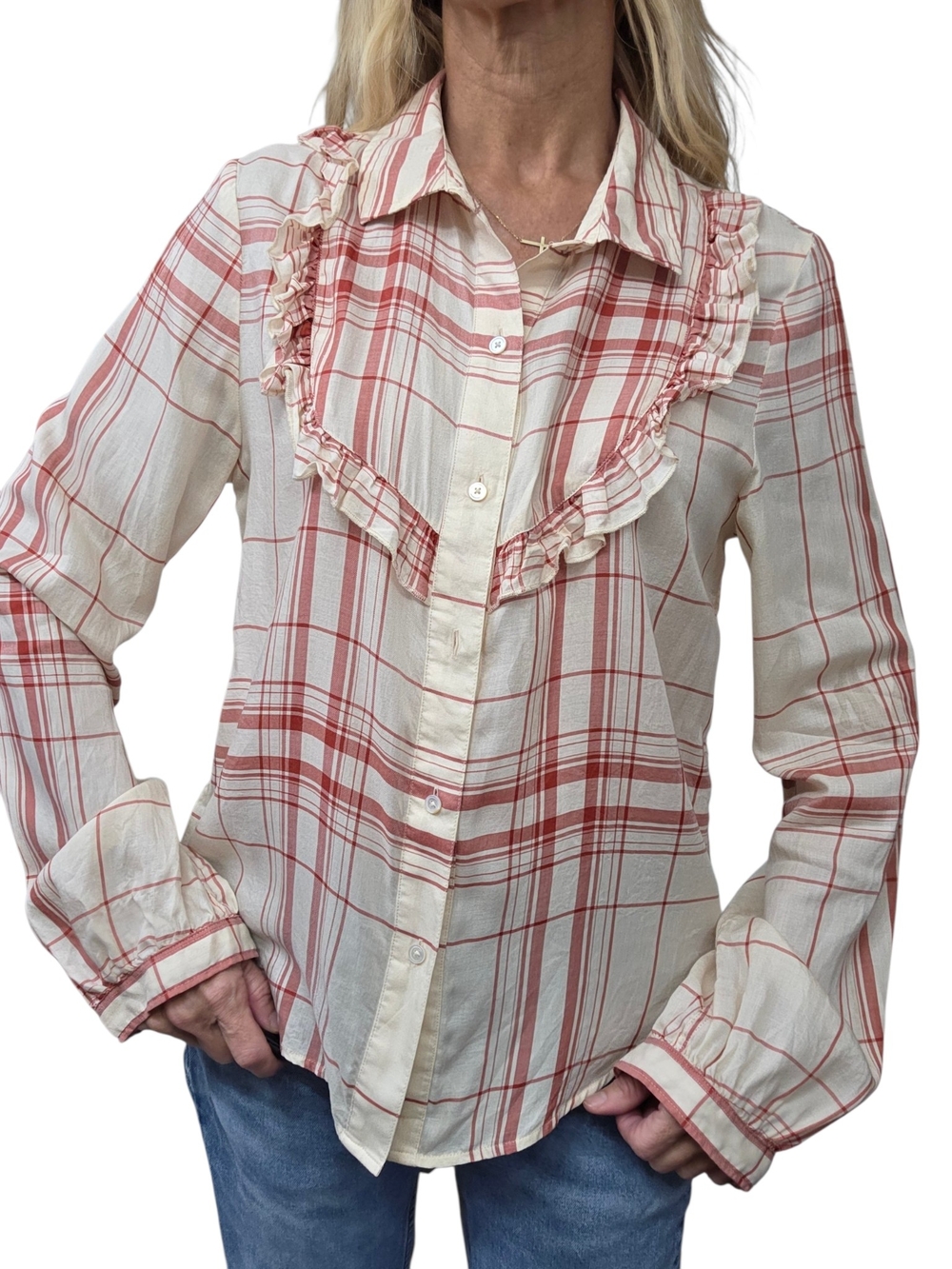 FRAME 100% Tencel Plaid Ruffle Bib Button Down Blouse Cream Red M